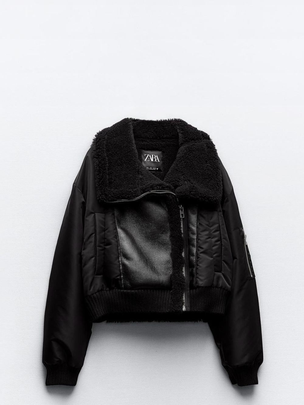 ZARA Black Faux-Shearling Collar Bomber Jacket